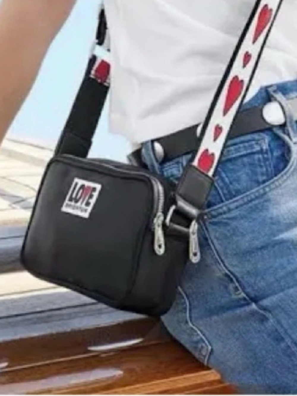 Brighton LOVE Black Crossbody Camera Bag with Heart Strap